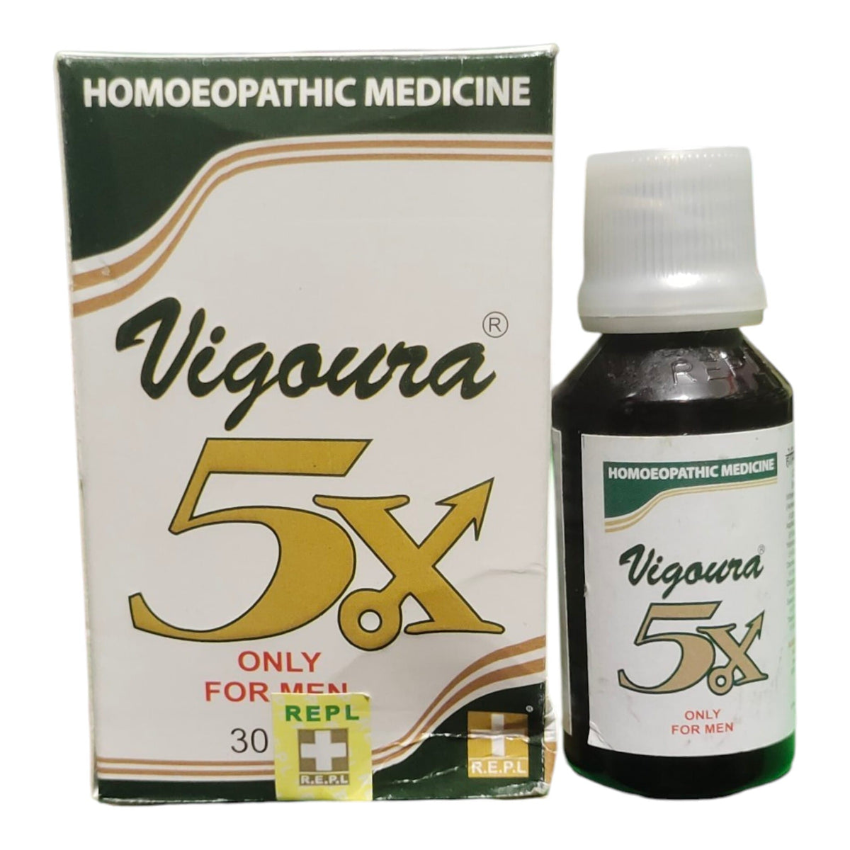 Vigoura 5x Homoeopathic Medicine shown with its white, gold, and dark green retail box next to a dark glass bottle with a white cap on a plain white background.
