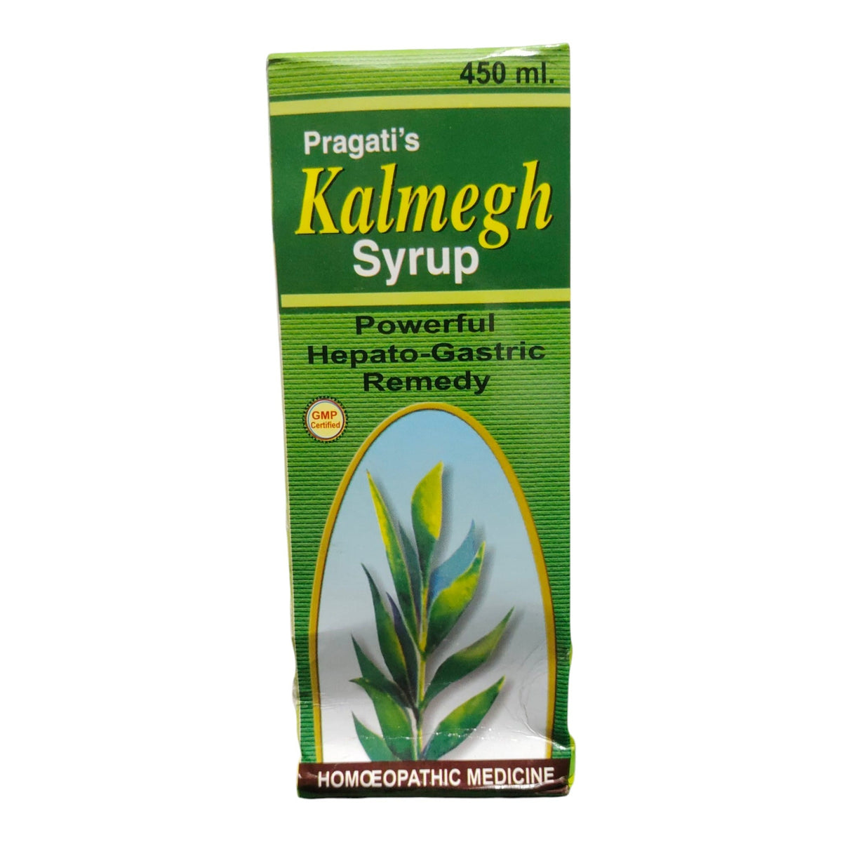 A 450 ml box of Pragati's Kalmegh Syrup, a homeopathic medicine. The packaging is primarily green with yellow and white text, featuring an illustration of a green leaf on a light blue background near the bottom.