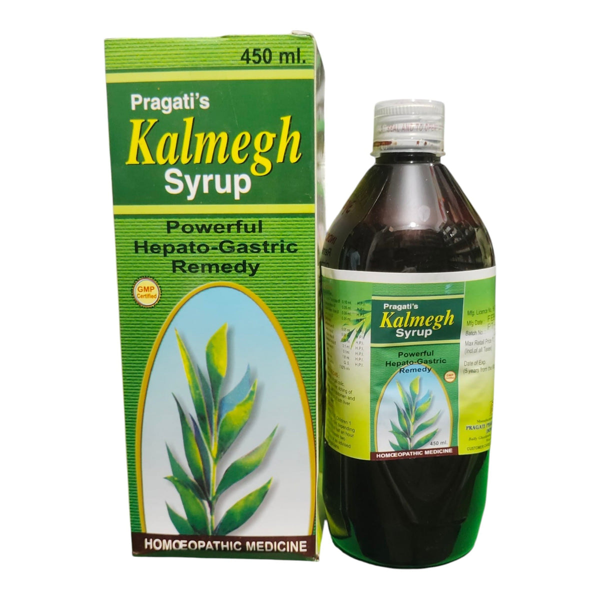 A bottle and box of Pragati's Kalmegh Syrup, a homeopathic medicine, shown on a plain white background.
