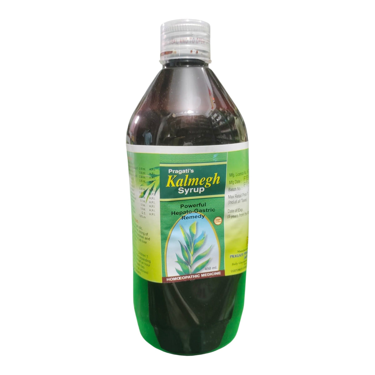 A bottle of Proper's Kalmegh Syrup, featuring a green and white label with a green leaf illustration, filled with dark brown liquid and sealed with a clear cap, isolated on a white background.
