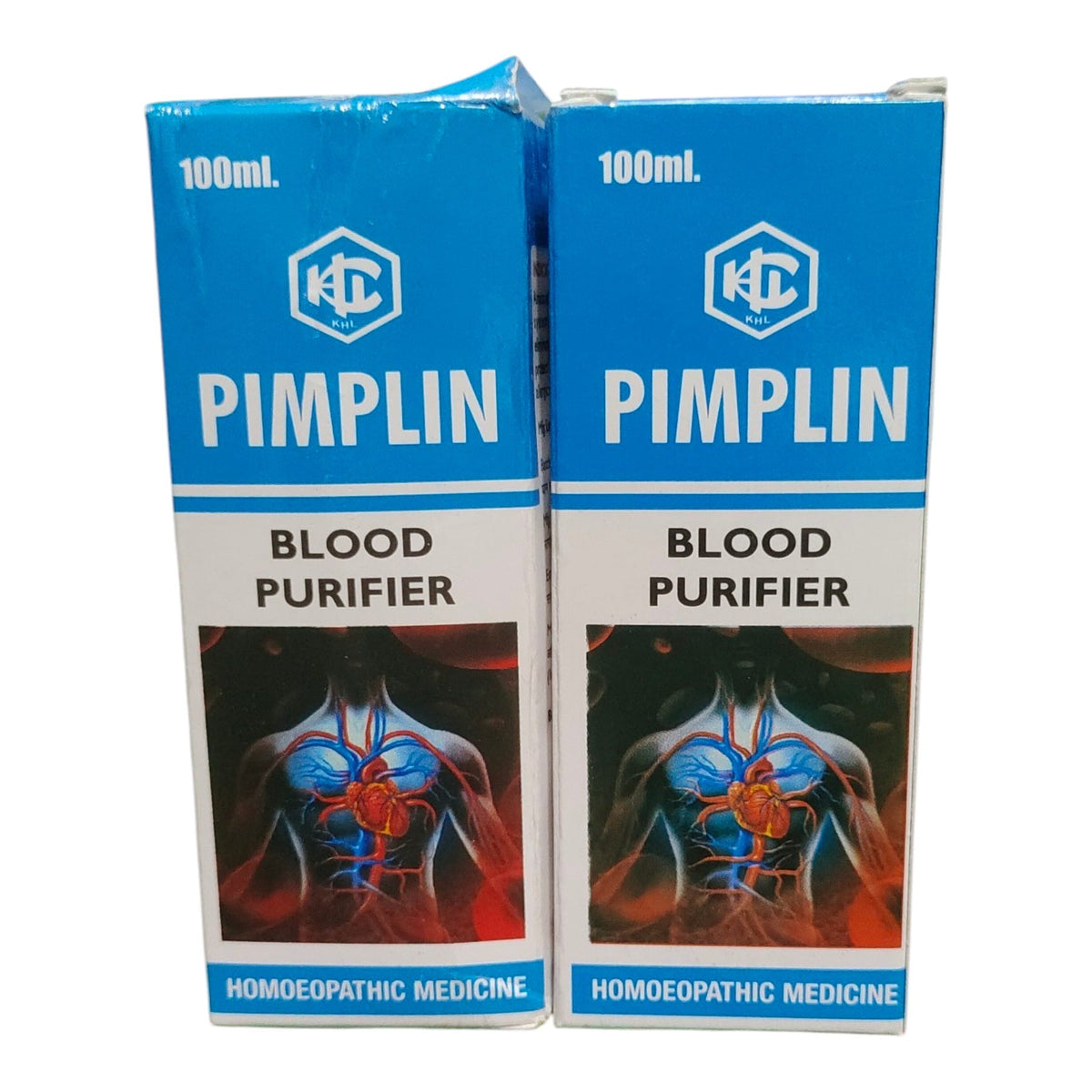 Two blue and white boxes of Pimplin Blood Purifier, a 100ml homoeopathic medicine, shown side-by-side against a white background.