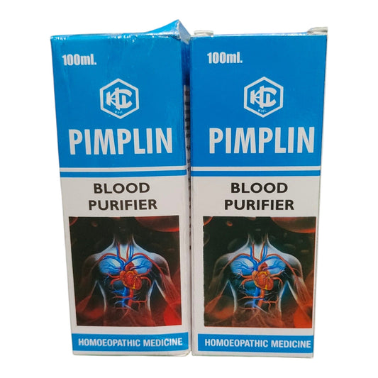 Two blue and white boxes of Pimplin Blood Purifier, a 100ml homoeopathic medicine, shown side-by-side against a white background.