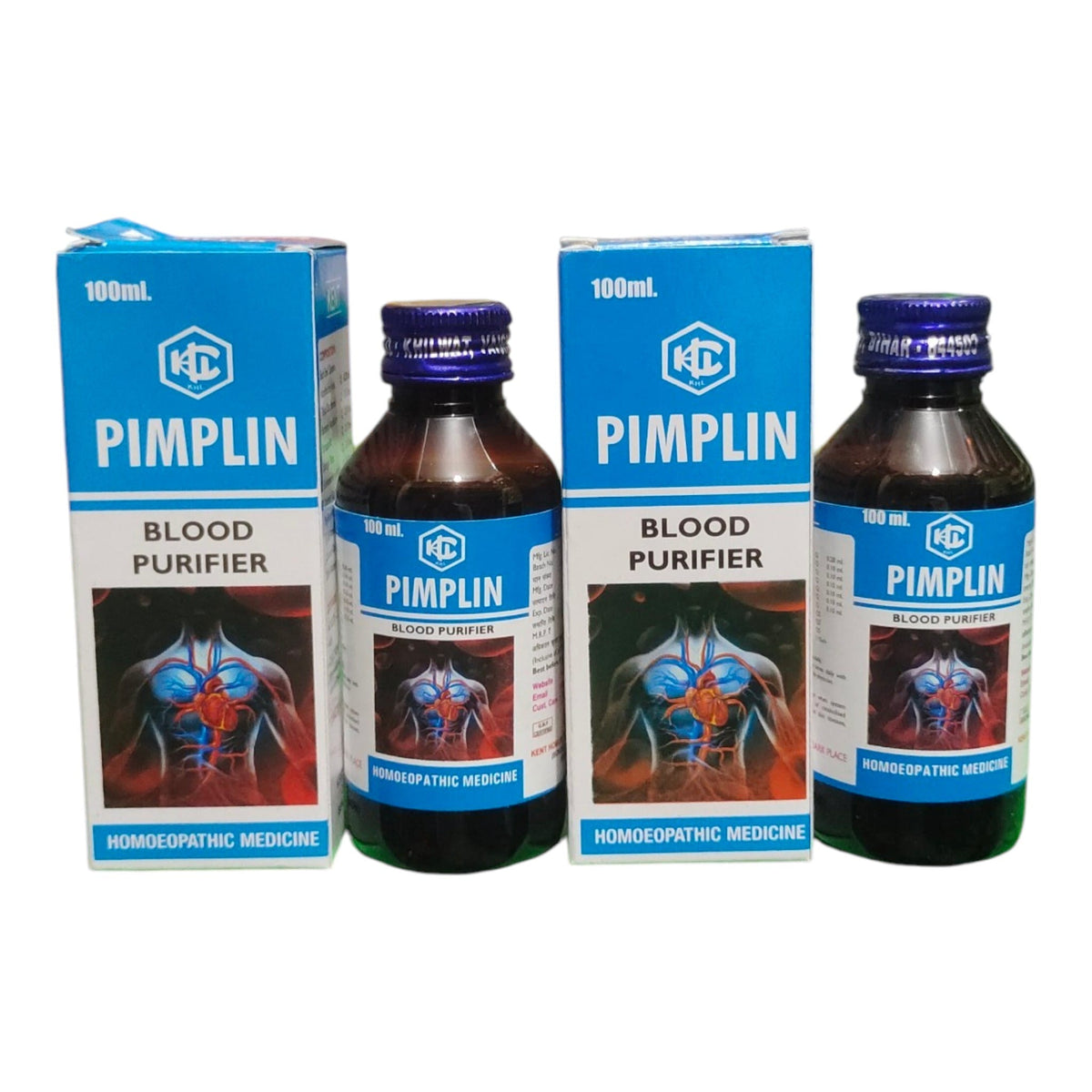 Two bottles and two boxes of Pimplin Blood Purifier homeopathic medicine, 100ml each, arranged on a plain white background.