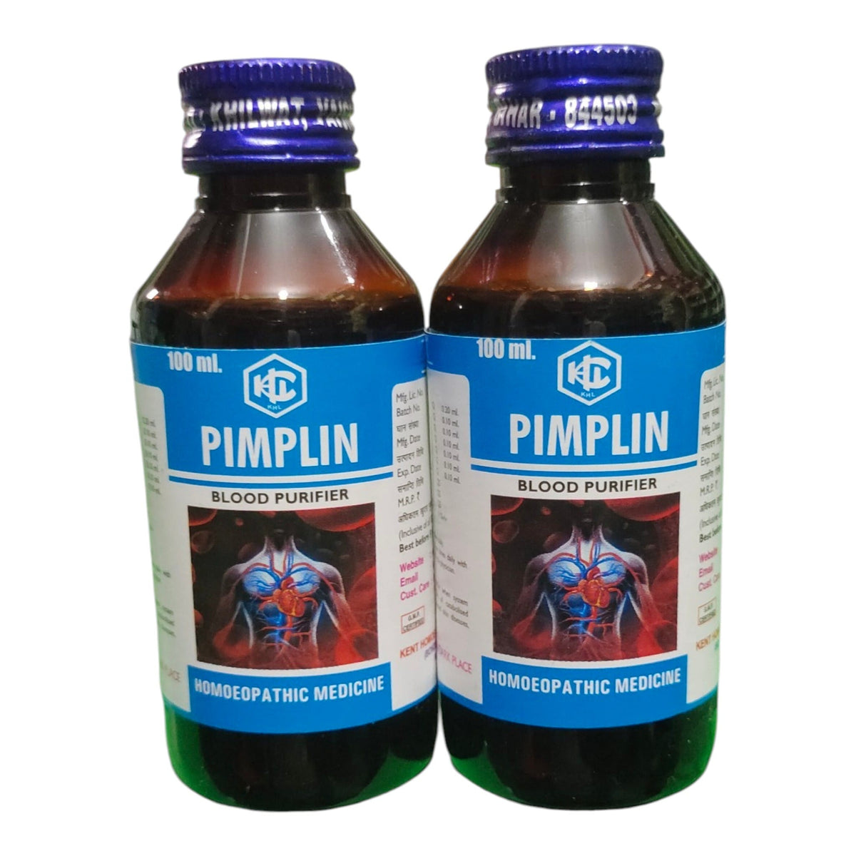 Two 100 mL bottles of Pimplin Blood Purifier homeopathic medicine, featuring blue caps and blue labels with a red and blue anatomical graphic, set against a plain white background.