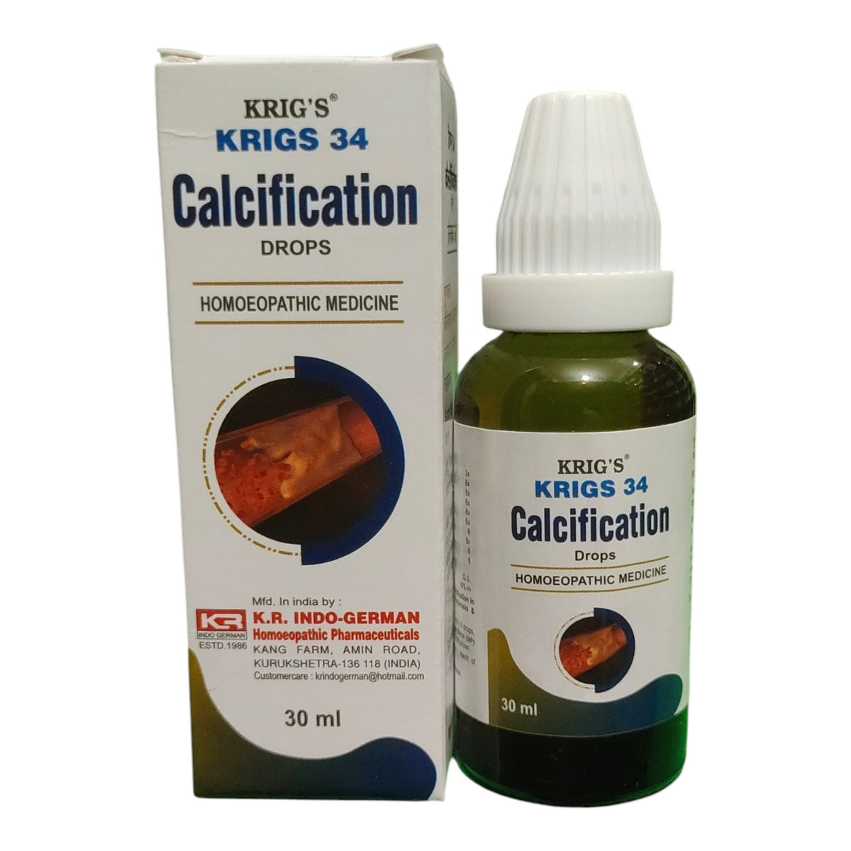 KRIG'S KRIGS 34 Calcification Drops homeopathic medicine shown with its green glass dropper bottle and white cardboard packaging box on a plain white background.