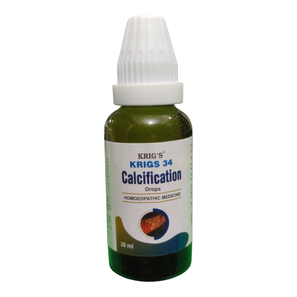 A 30 ml bottle of Krig's Krigs 34 Calcification Drops, a homeopathic medicine, featuring a dark green glass bottle, white cap, and a white label with blue and green text.