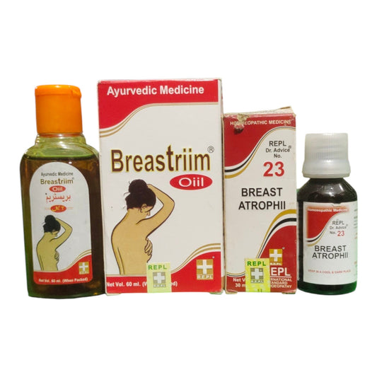 Breastriim Ayurvedic Breast Atrophii Oil set, including a bottle with an orange cap, a white and red main box, a smaller red box labeled 23, and a dark bottle with a white cap, all on a white background.