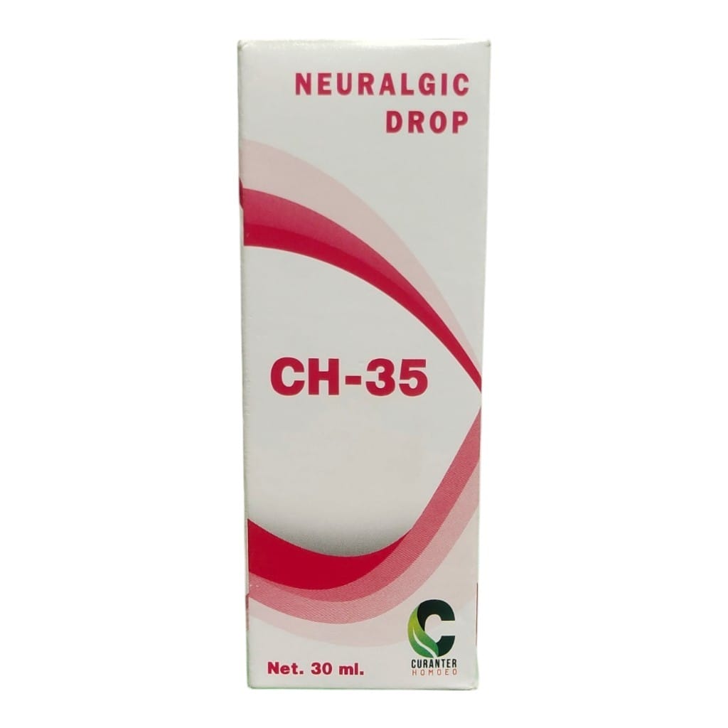 A white rectangular box of CH-35 Neuralgic Drop by Curater Drugs, featuring red text and wavy red and pink graphic lines on a white background.