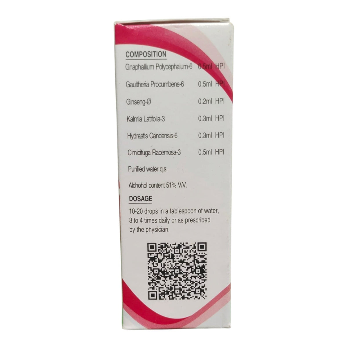 A white rectangular product box with pink and red curved accents, showing printed composition and dosage text plus a QR code on a plain white background.