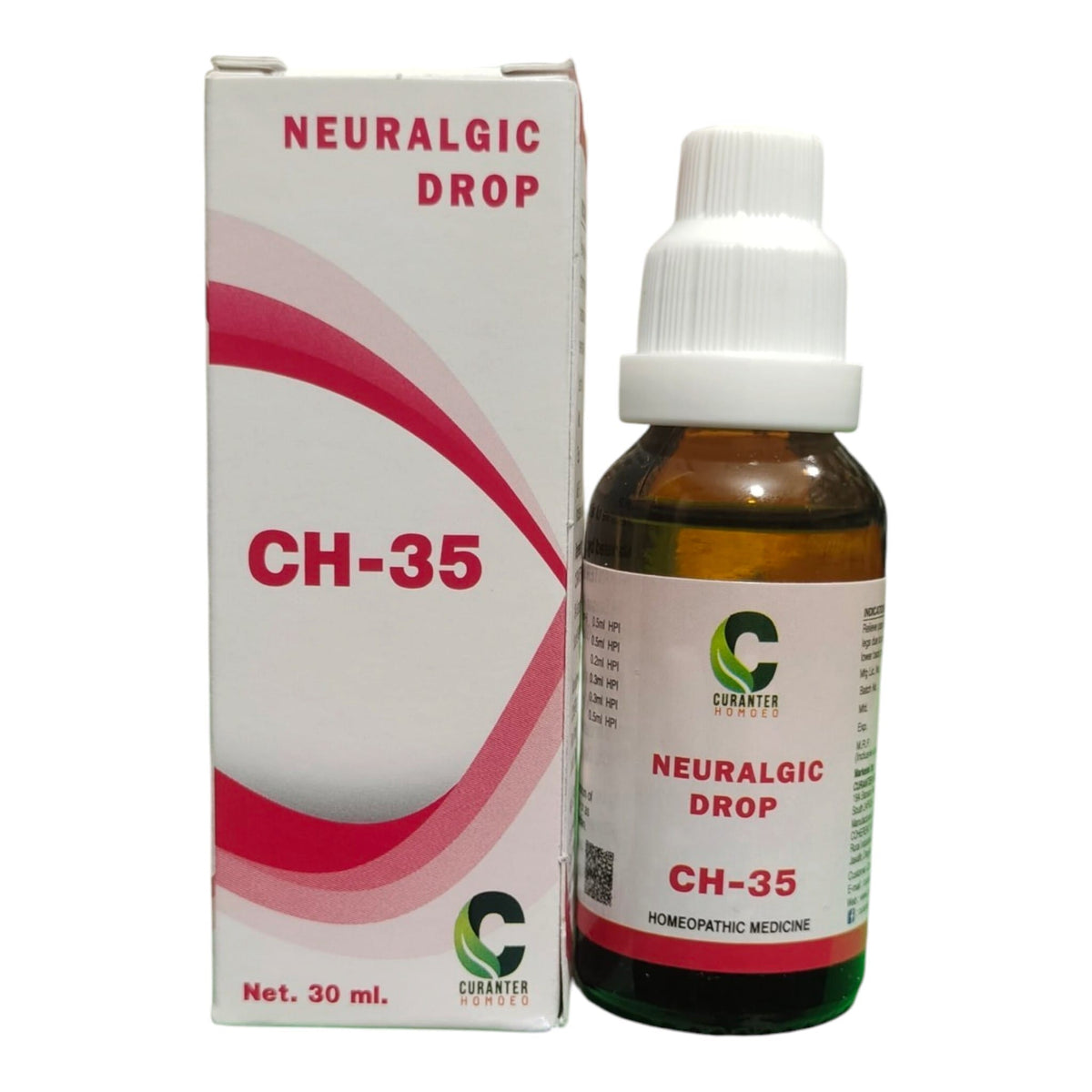 A 30 ml bottle of CH-35 Neuralgic Drop homeopathic medicine next to its white and pink packaging box, featuring the Curatio Care brand logo.
