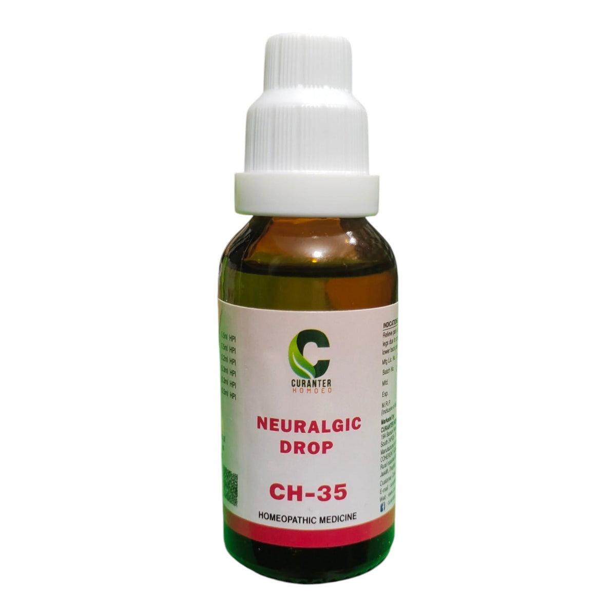 A bottle of Curantor CH-35 Neuralgic Drop homeopathic medicine, featuring an amber glass bottle, white plastic dropper cap, and a white label with green and red text.