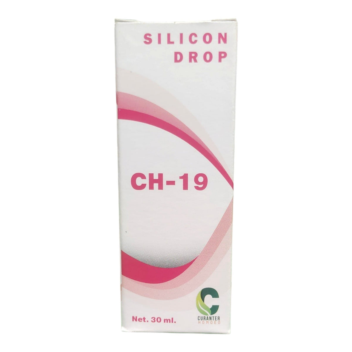 A white rectangular box for Silicon Drop CH-19, featuring pink text and curved pink and red wave graphics, with a green and white Quarter Century logo at the bottom right.