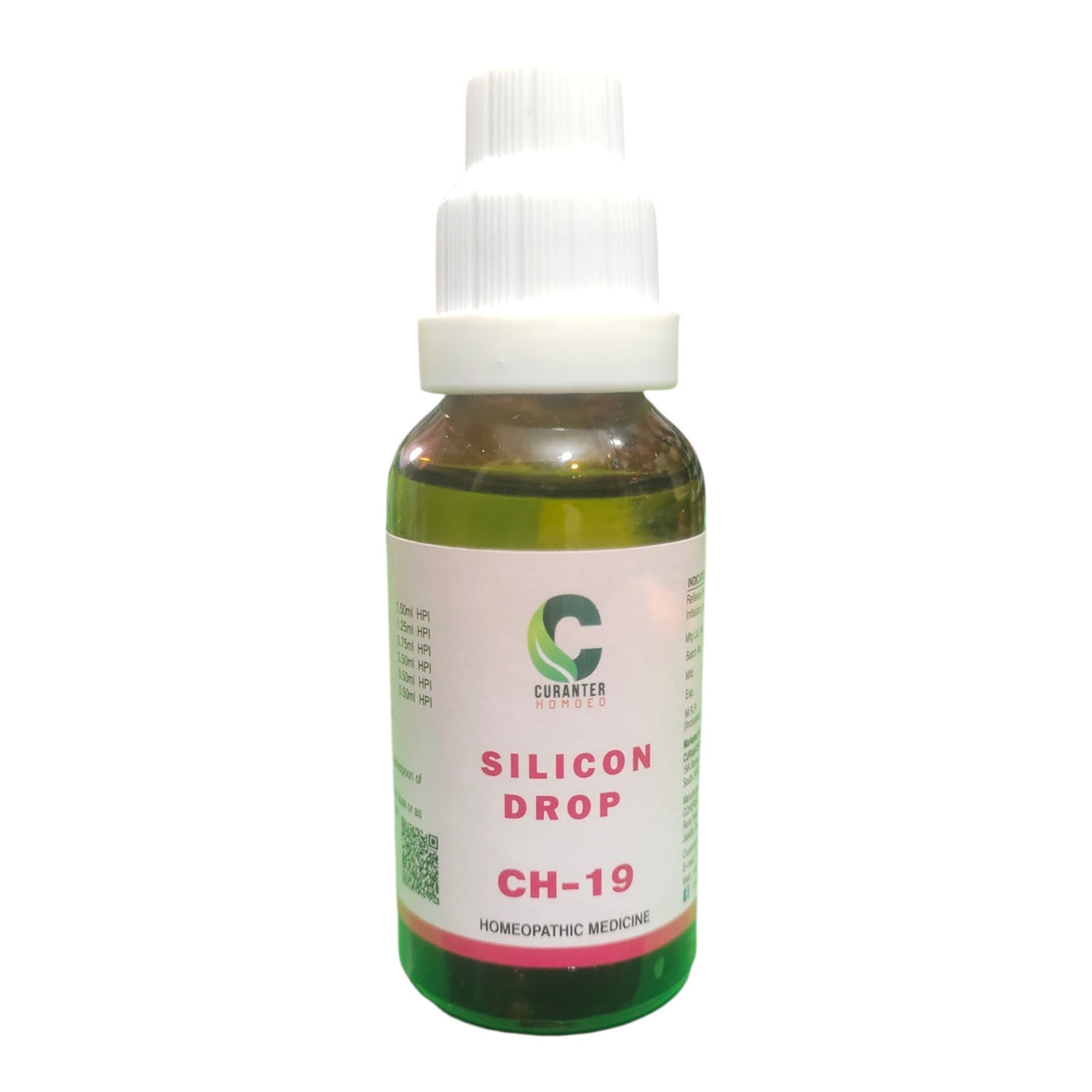 A bottle of Curated Herbs Silicon Drop CH-19 homeopathic medicine, featuring a white cap and a label with green, pink, and white colors, set against a plain white background.