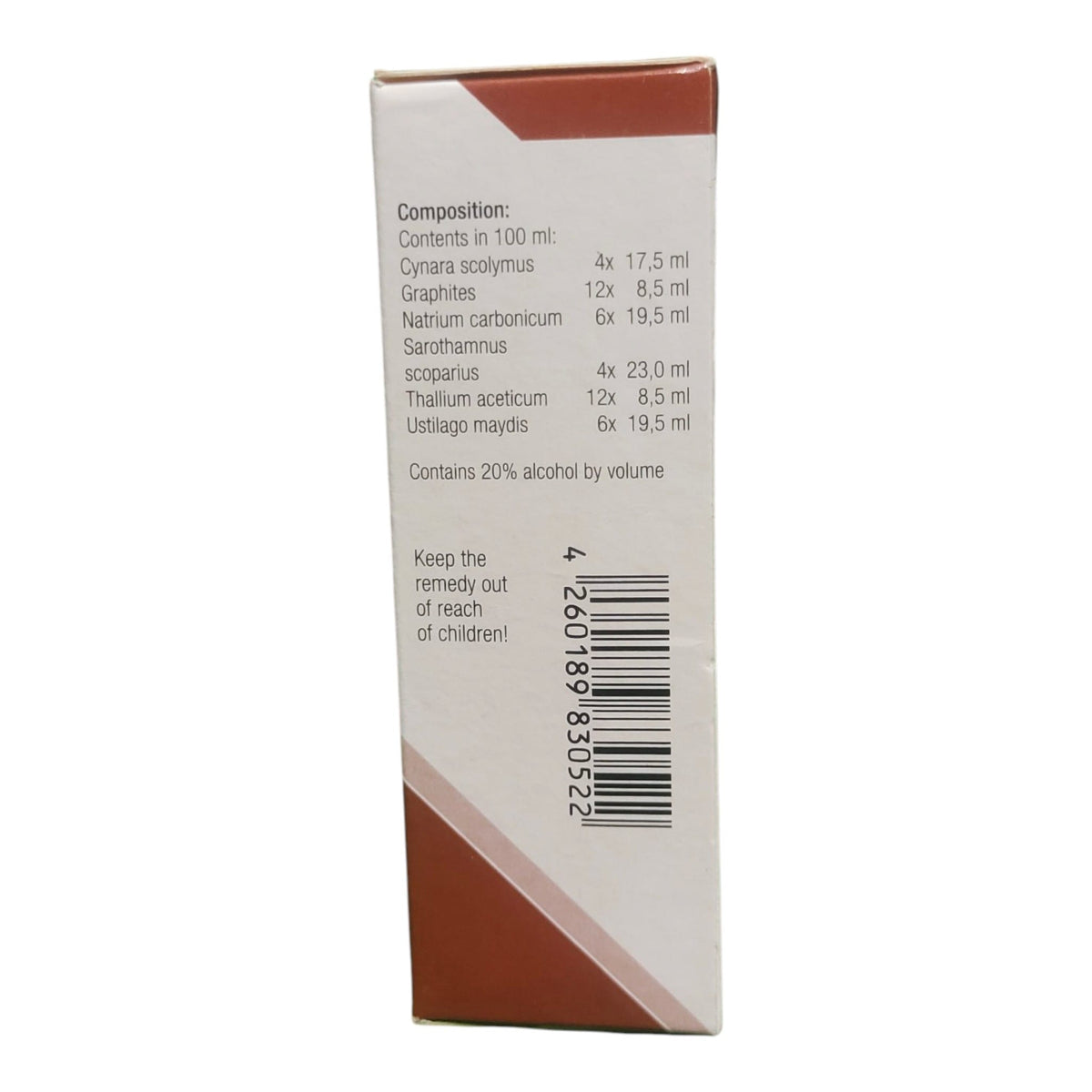 A tall, narrow white cardboard box shown from the back side, featuring brown geometric corner accents, a composition list in English, a barcode, and a warning about keeping the remedy out of children's reach. The box is photographed against a clean white background.