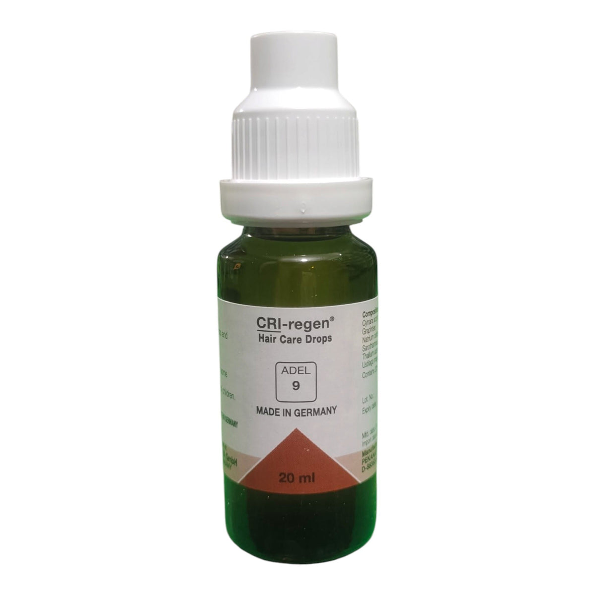 A 20 ml bottle of CRI-regen Hair Care Drops with a white cap and a white label featuring a red geometric accent, set against a plain white background.