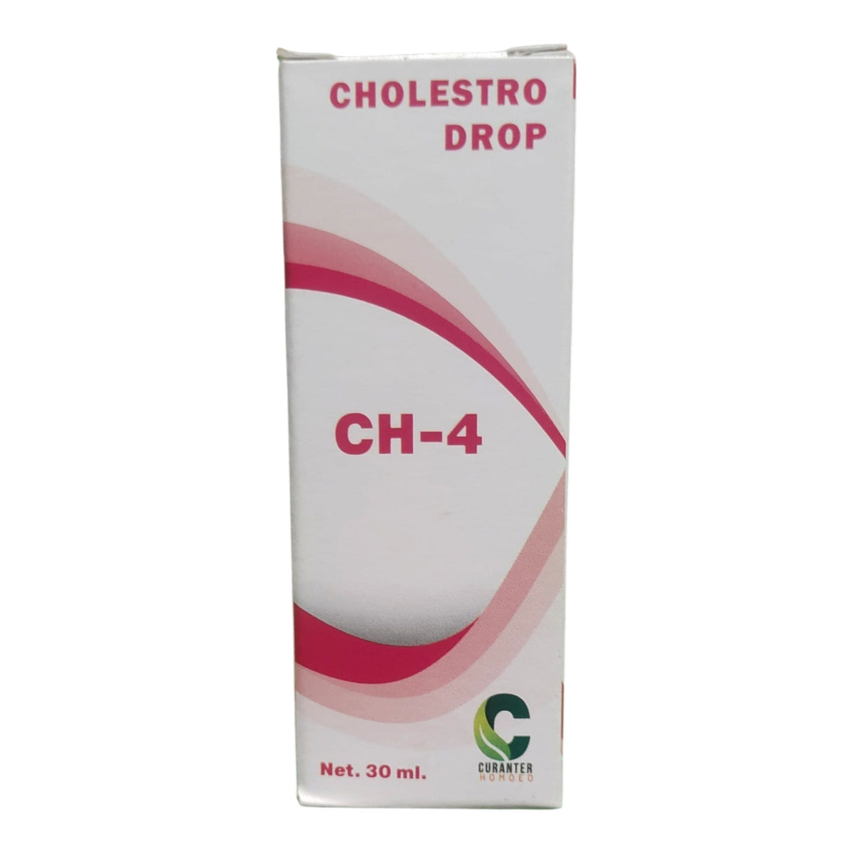A white rectangular box of Cholestro Drop CH-4 by Counter Sources, featuring pink and red wavy lines and text on a white background.