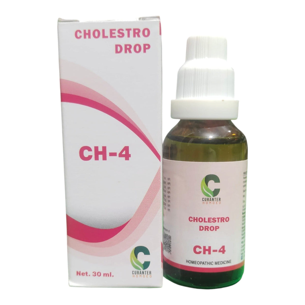 Cholestro Drop CH-4 homeopathic medicine shown with its white and pink packaging box and a 30 ml amber glass dropper bottle on a white background.