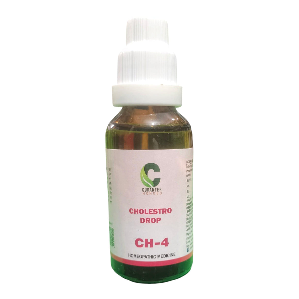 A bottle of Cholesterol Drop CH-4 by Curester Labs, featuring a white cap and a white label with green and red text, set against a plain white background.