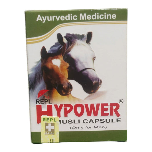 A box of Repl Hypower Musli Capsule Ayurvedic medicine, featuring an illustration of a brown horse and a white horse on the front packaging.