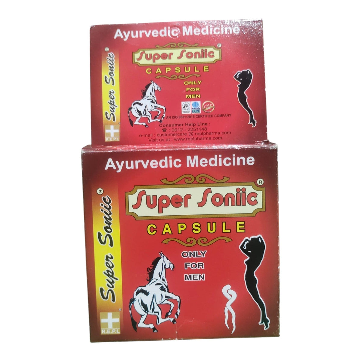 Super Sonic Ayurvedic Medicine Capsule packaging box in red with white and gold lettering, shown next to a silver blister pack containing four red-orange capsules on a white background.