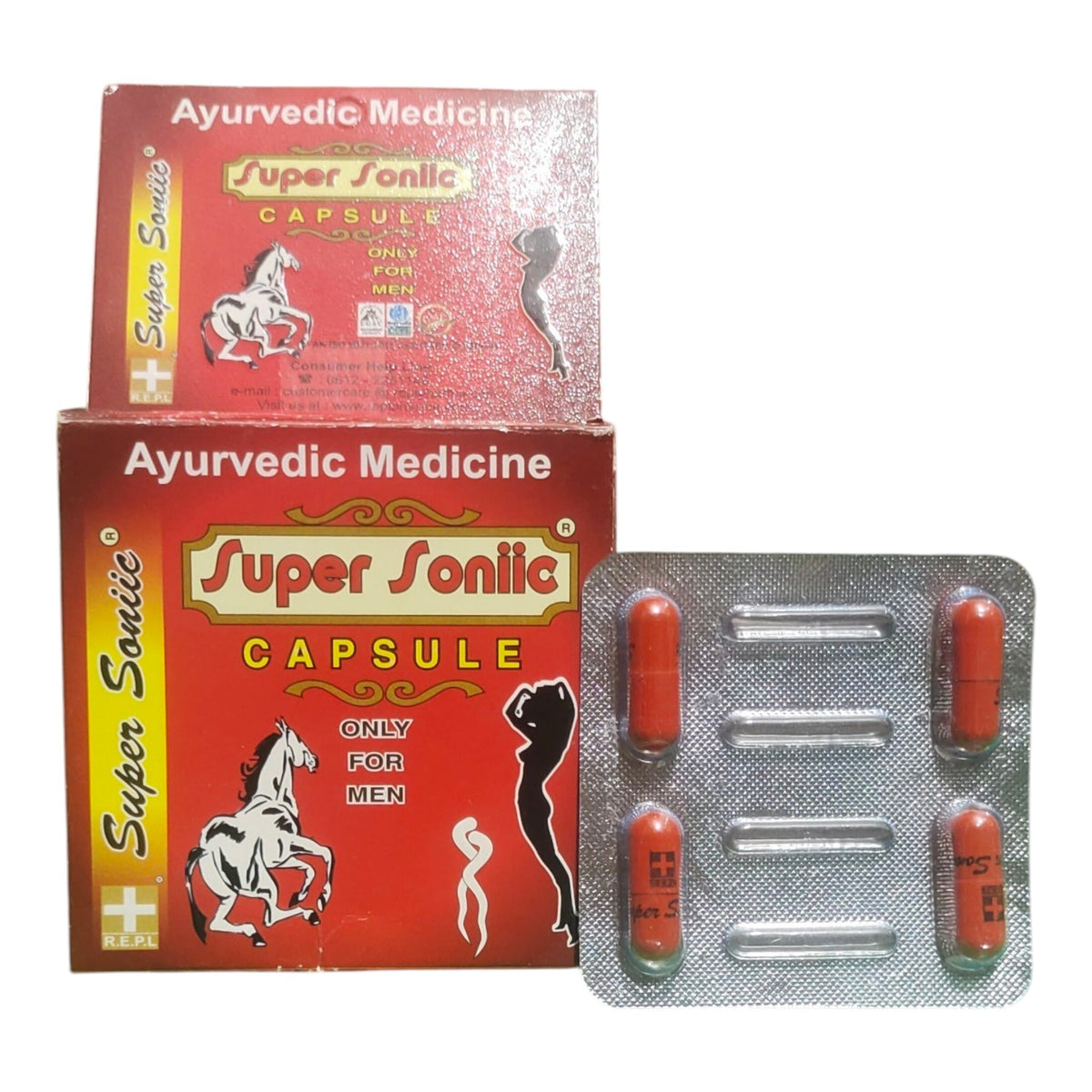 Super Sonic Ayurvedic Medicine Capsule packaging box in red with white and gold lettering, shown next to a silver blister pack containing four red-orange capsules on a white background.