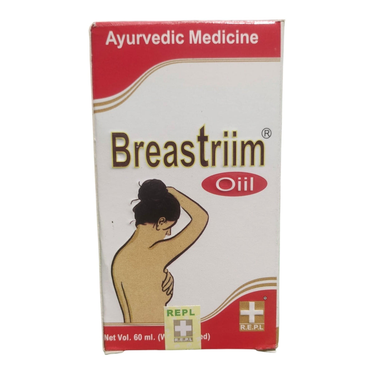 A box of Breastriim Ayurvedic Medicine Oil, featuring a white and red design with an illustration of a woman's back and shoulder, and the REPL brand logo at the bottom.
