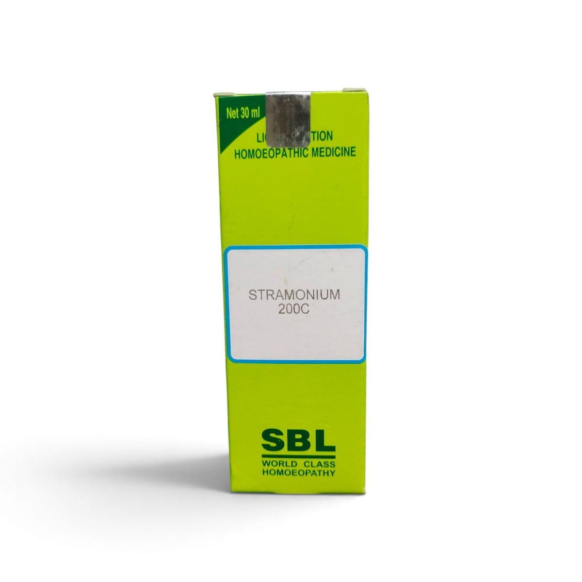 A bright lime green box of SBL Stramonium 200C homeopathic medicine, photographed against a clean white background.