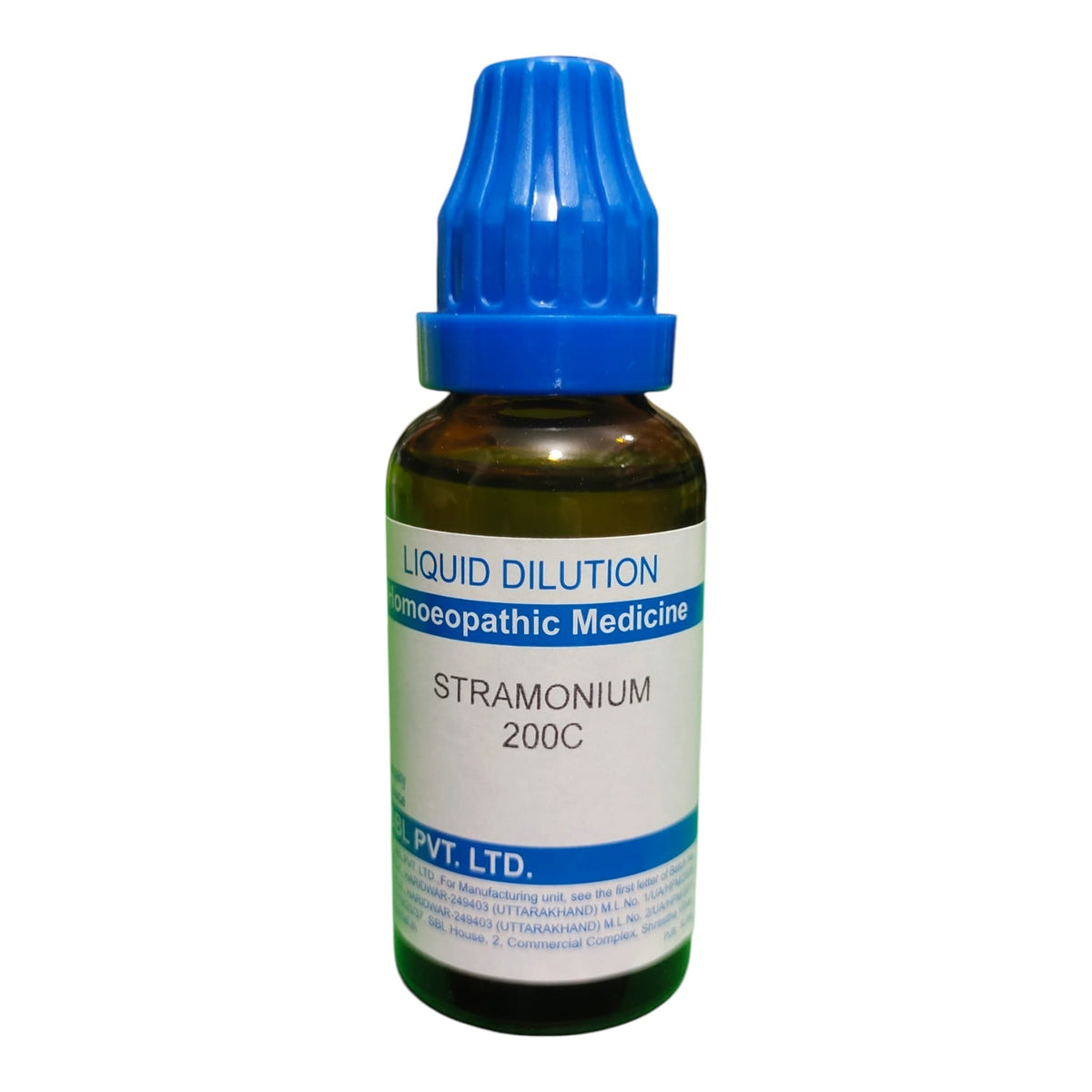 A small amber glass dropper bottle of homeopathic medicine labeled 'LIQUID DILUTION Stramonium 200C' with a blue cap, on a white background.