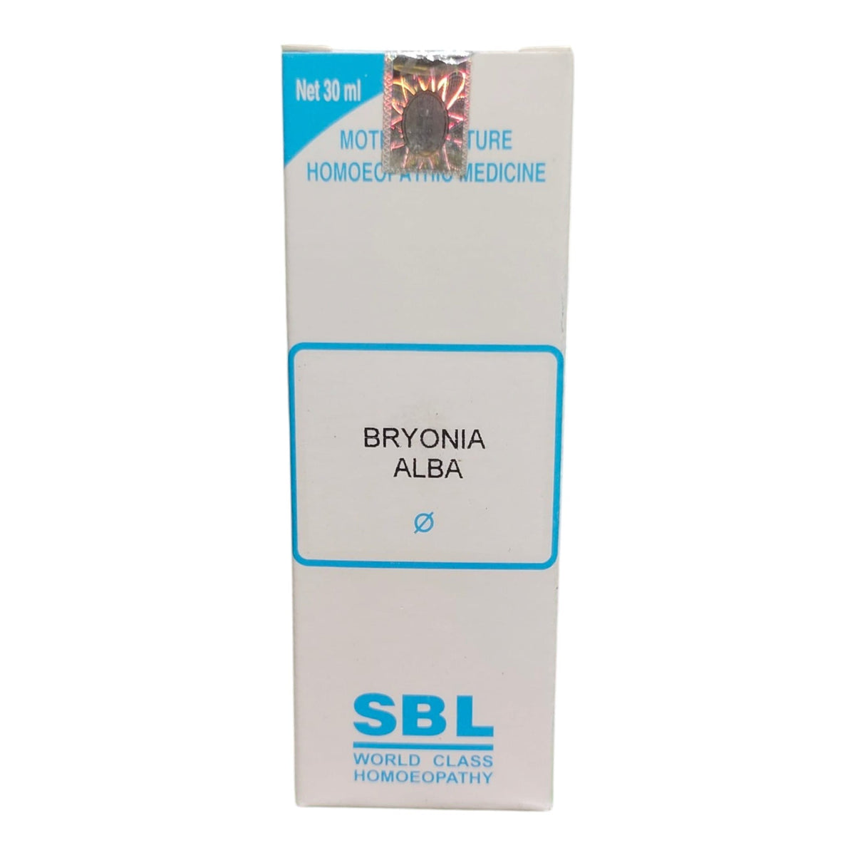 A white rectangular box of SBL Bryonia Alba homeopathic medicine, featuring blue text and border accents on a plain white background.