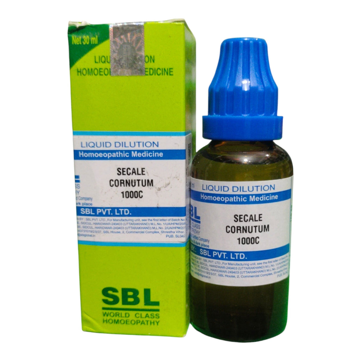 A bottle of SBL Liquid Dilution Homoeopathic Medicine, Secale Cornutum 1000C, next to its lime green and white packaging box.