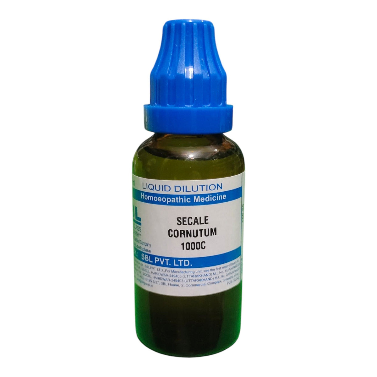 A bottle of liquid dilution homeopathic medicine, Secale Cornutum 1000C, by SGL PVT. LTD.