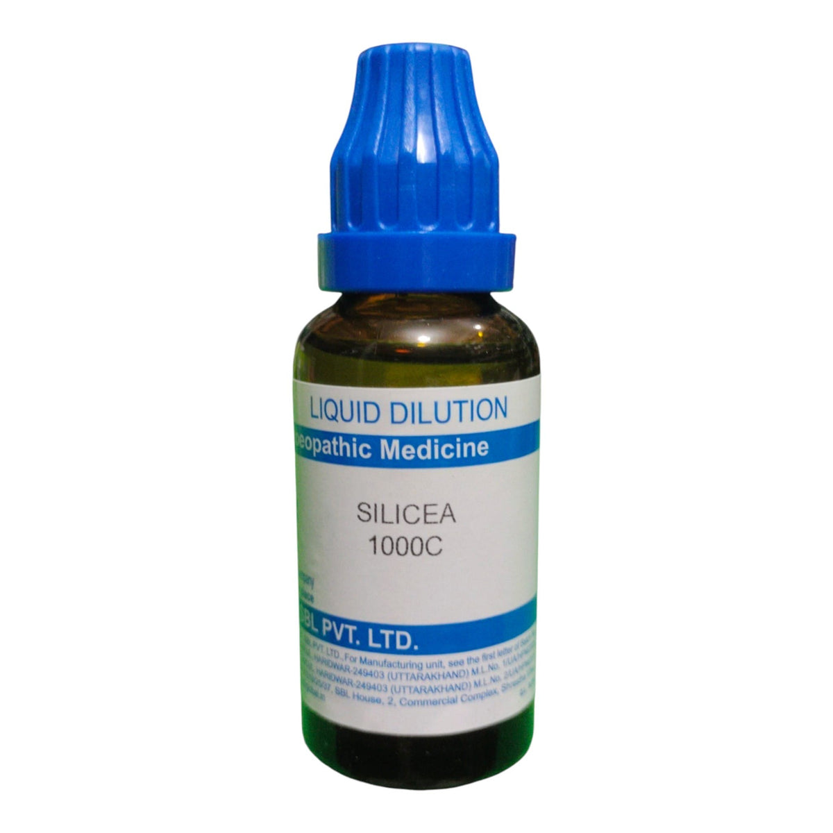 A small amber glass bottle of Silicea 1000C liquid dilutionopathic medicine with a blue dropper cap and white label, shown on a plain white background.