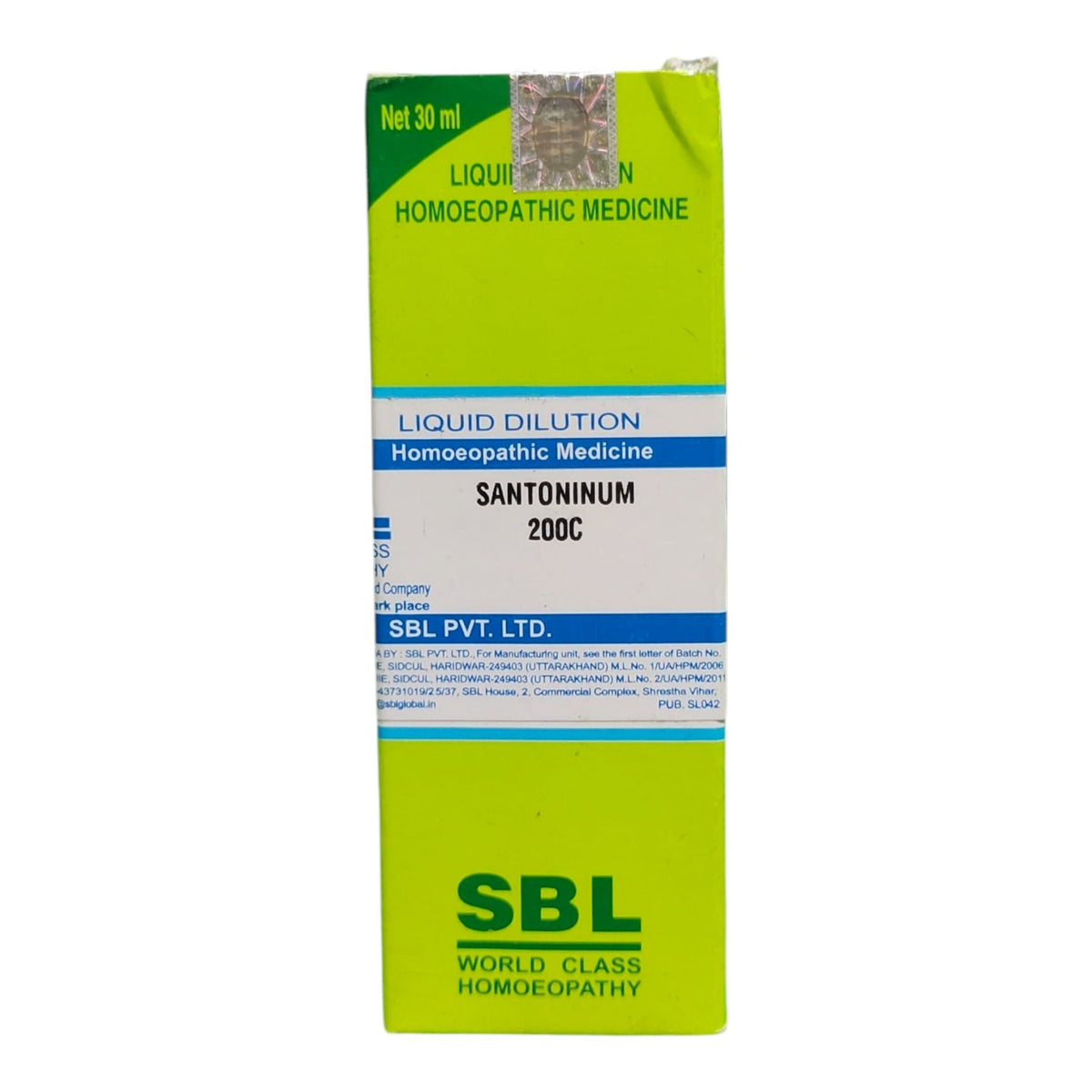 A tall rectangular box of SBL World Class Homoeopathy Santoninum 200C liquid dilution, featuring a bright lime green background with blue and white text bands.