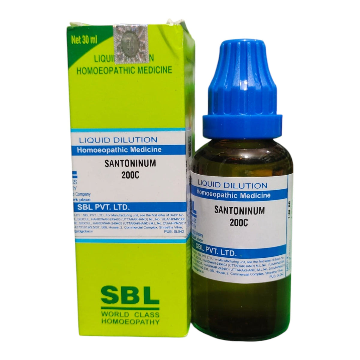 SBL World Class Homoeopathy Santoninum 200C liquid dilution shown with its green and white outer box and a dark amber glass dropper bottle with a blue cap, on a white background.