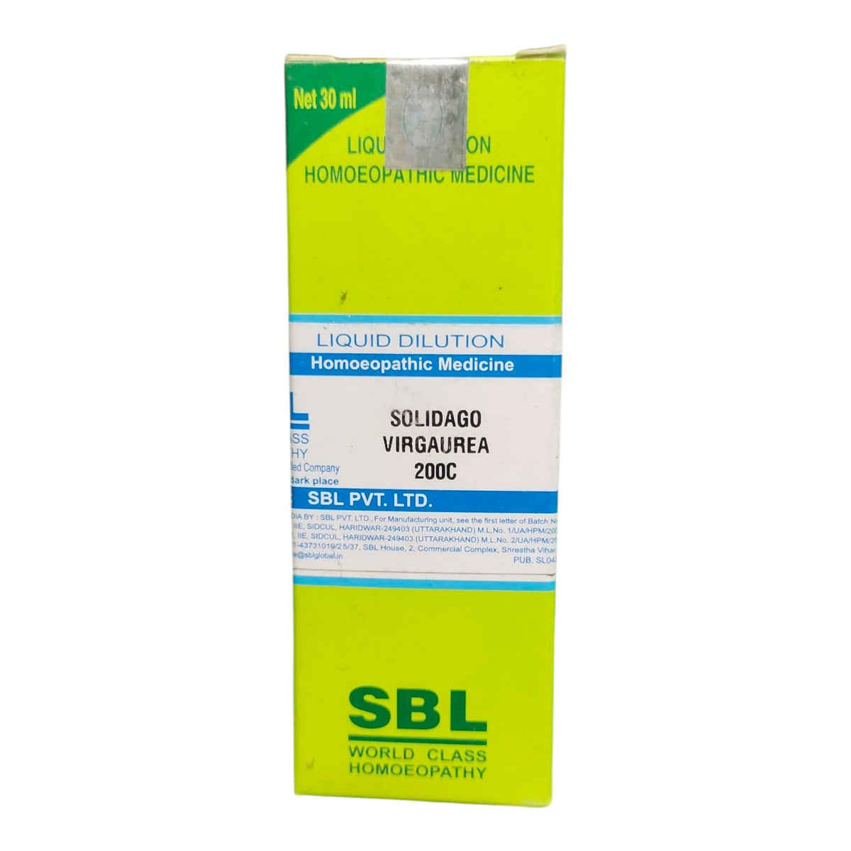 A box of SBL World Class Homeopathy Liquid Dilution Homoeopathic Medicine, Solidago Virgaurea 200C, in a bright lime green color with white and blue text and label details.