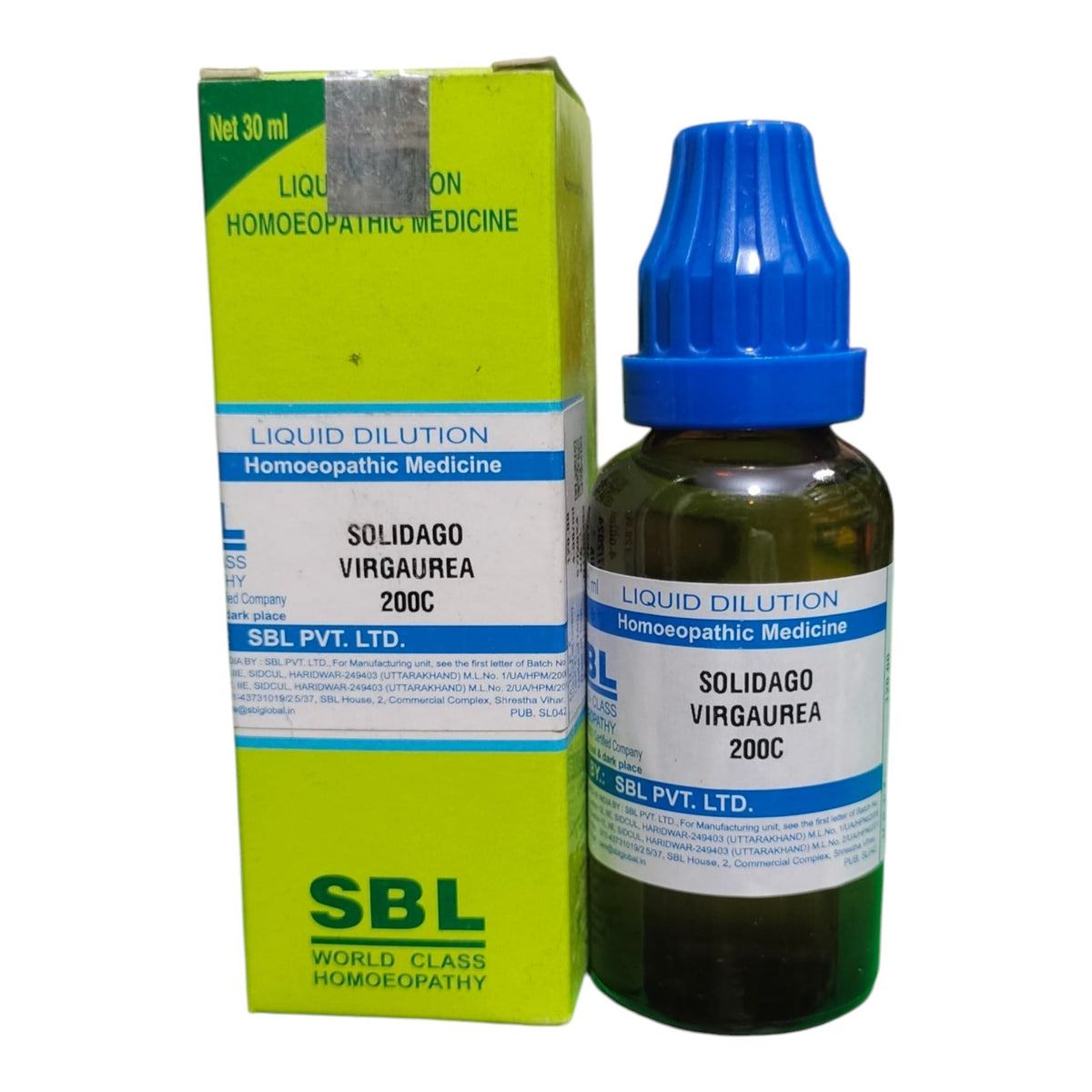A bottle of SBL Liquid Dilution Homeopathic Medicine (Solidago Virgaurea 200C) next to its lime green and white packaging box, on a plain white background.