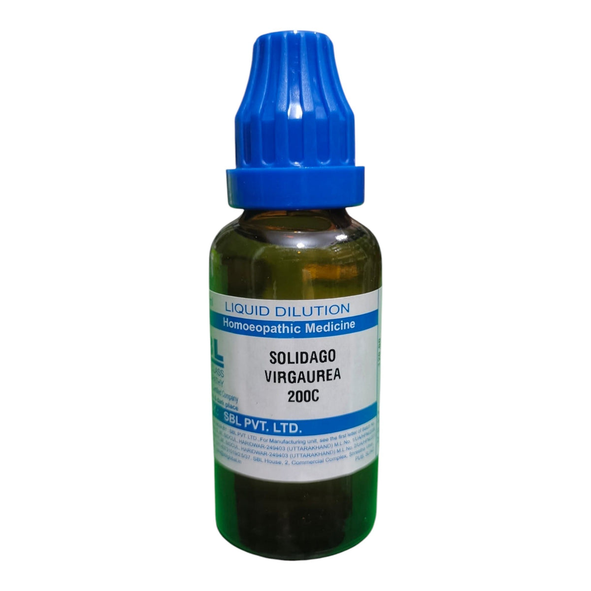 A small amber glass dropper bottle of liquid dilution homeopathic medicine labeled 'Solidago Virgaurea 200C' by GBL Pvt. Ltd.