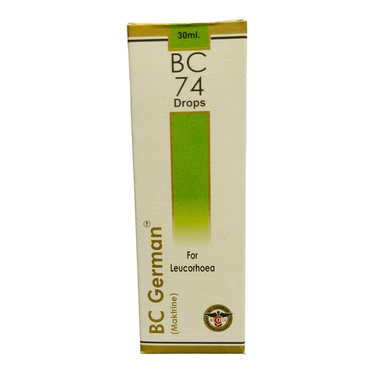 A 30ml box of BC 74 Drops for Leucorrhoea by BC German, featuring a cream-colored box with a prominent green vertical stripe and gold accents.