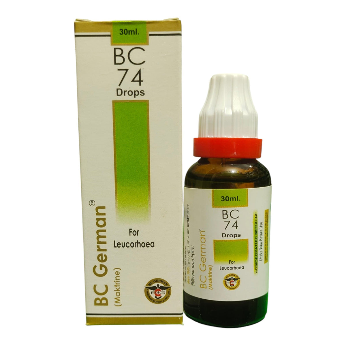 BC 74 Drops for Leucorrhoea by BC German, shown with its white and green outer box and the amber glass dropper bottle with a white cap and red collar on a white background.