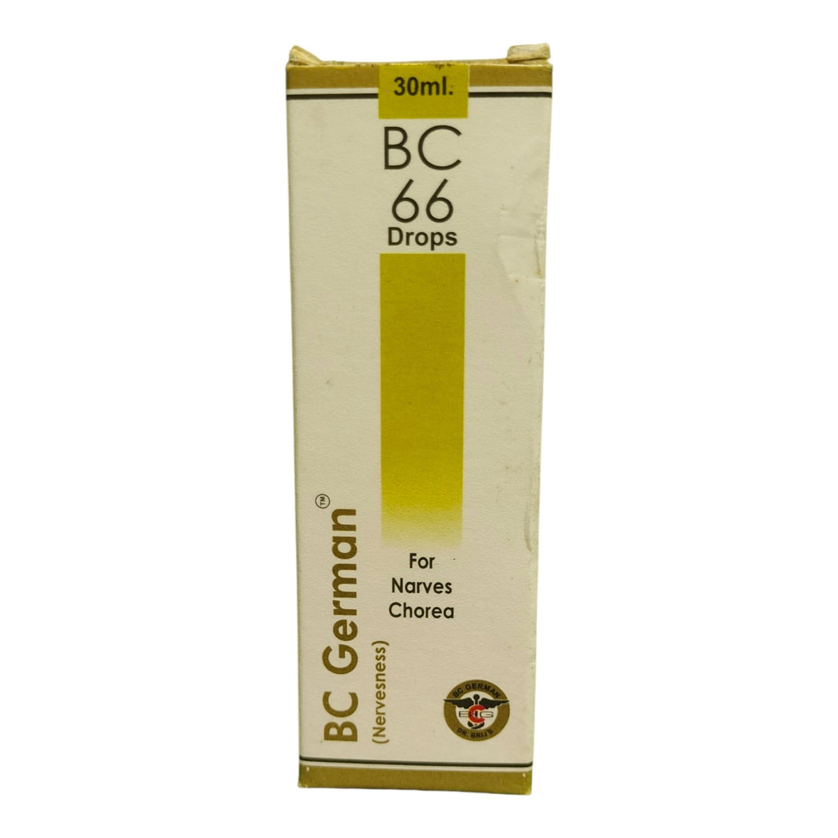 A 30ml box of BC 66 Drops by BC German, featuring a cream-colored box with a prominent yellow-green vertical stripe and black text.