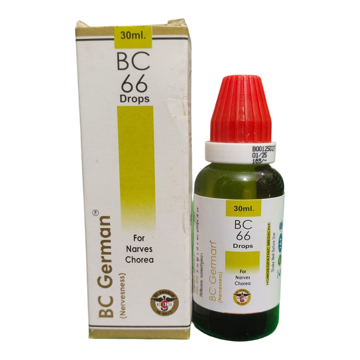 BC 66 Drops (for Narves Chorea) 30ml bottle with a red cap next to its white and yellow packaging box, on a white background.
