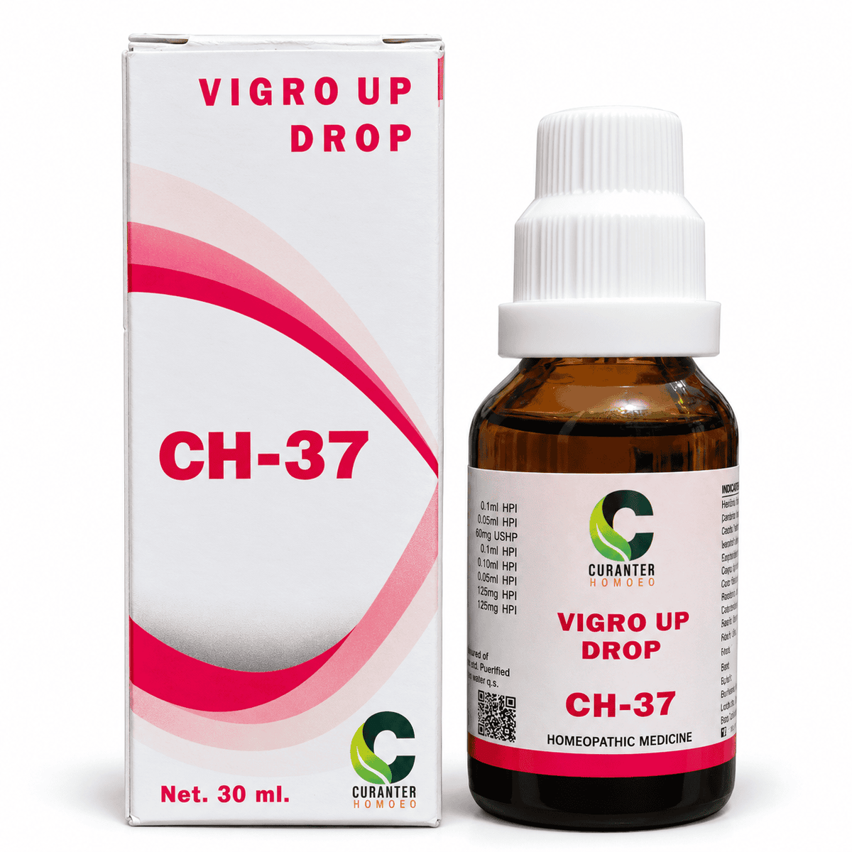 Vigro Up Drop CH-37 homeopathic medicine shown with its white and pink retail box and a 30 ml amber glass dropper bottle on a white background.