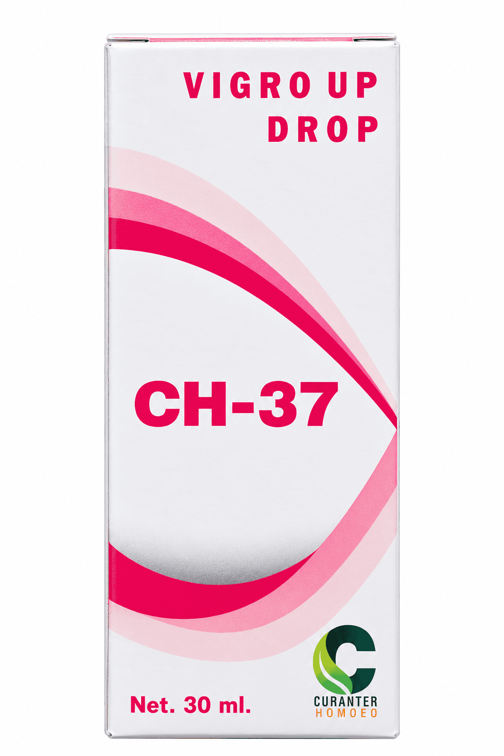 A white rectangular box of Vigro Up Drop CH-37, featuring pink text and wavy pink and red graphic lines on a white background, with the Curanter Homoeo logo at the bottom right.