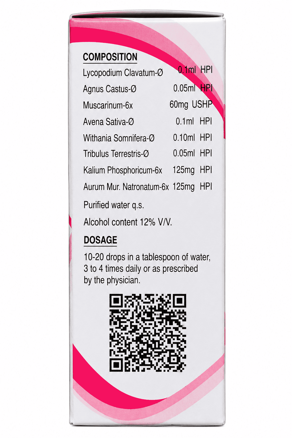 The back of a white medicine box with pink curved accents, showing composition and dosage text in English, plus a QR code on a plain white background.