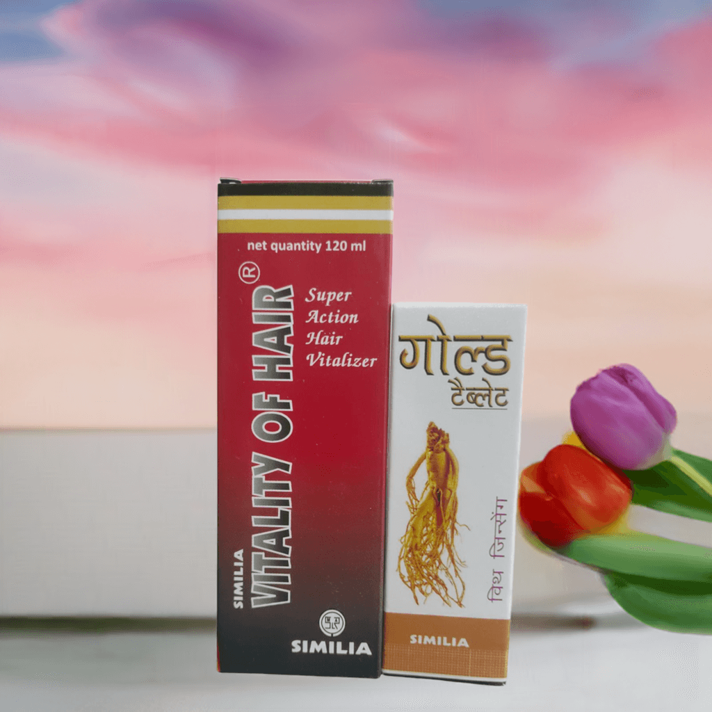 Two boxes of Similia Vitality of Hair product with a blurred background featuring flowers.