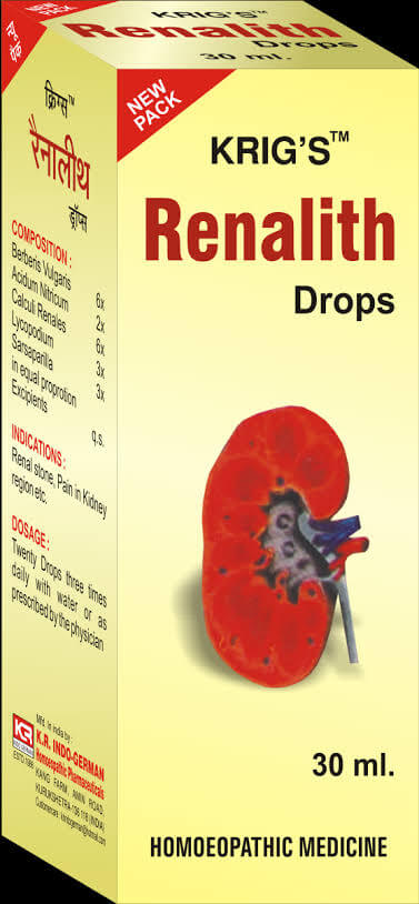 Box of Krig's Renalith Drops with a depiction of a kidney on a yellow background