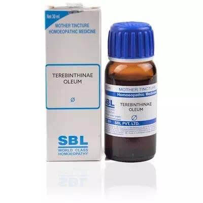 SBL Terebinthinae Oleum bottle and box on a white background
