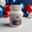 Bottle of Dr. RBS Ruma HD Capsules with colorful balloons in the background