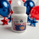 Bottle of Dr. RBS Ruma HD Capsules with colorful balloons and stars in the background