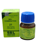 SBL Bio-combination 21 Teething Troubles Homeopathic Medicine Tablet with green packaging and blue cap.